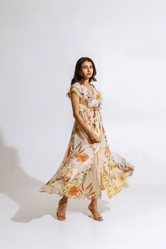 Beige chiffon printed melia dress