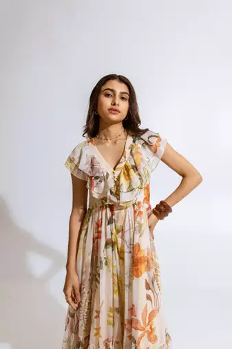 Beige chiffon printed melia dress