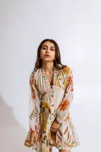 Beige chiffon printed kalina dress