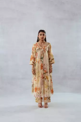 Beige chiffon printed abelia set