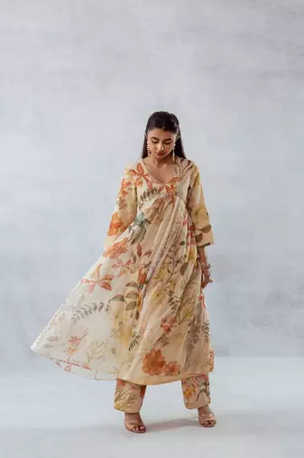Beige chiffon printed abelia set