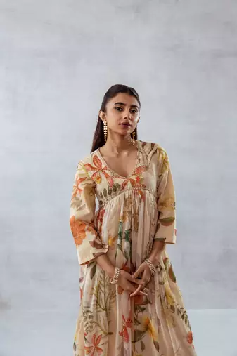 Beige chiffon printed abelia set