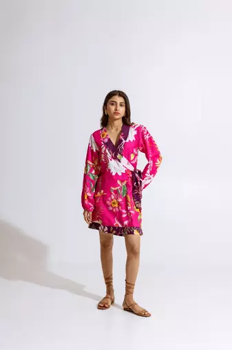 Pink crepe printed gaura dress