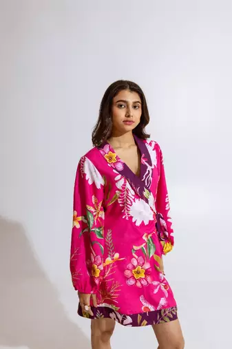Pink crepe printed gaura dress
