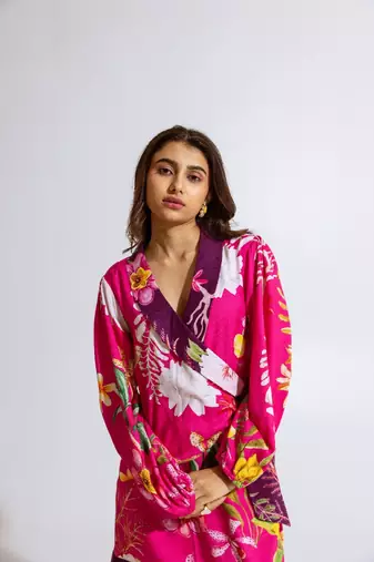 Pink crepe printed gaura dress