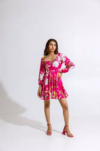 Pink crepe printed verbena dress