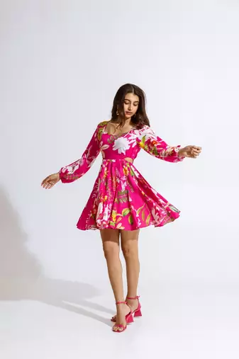 Pink crepe printed verbena dress