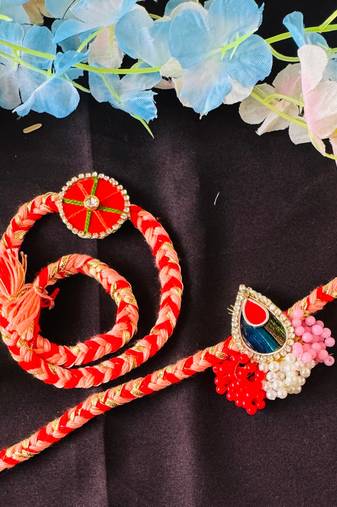 Elegant Bhaiya Bhabhi Rakhi Set with Beads & Kundan Work