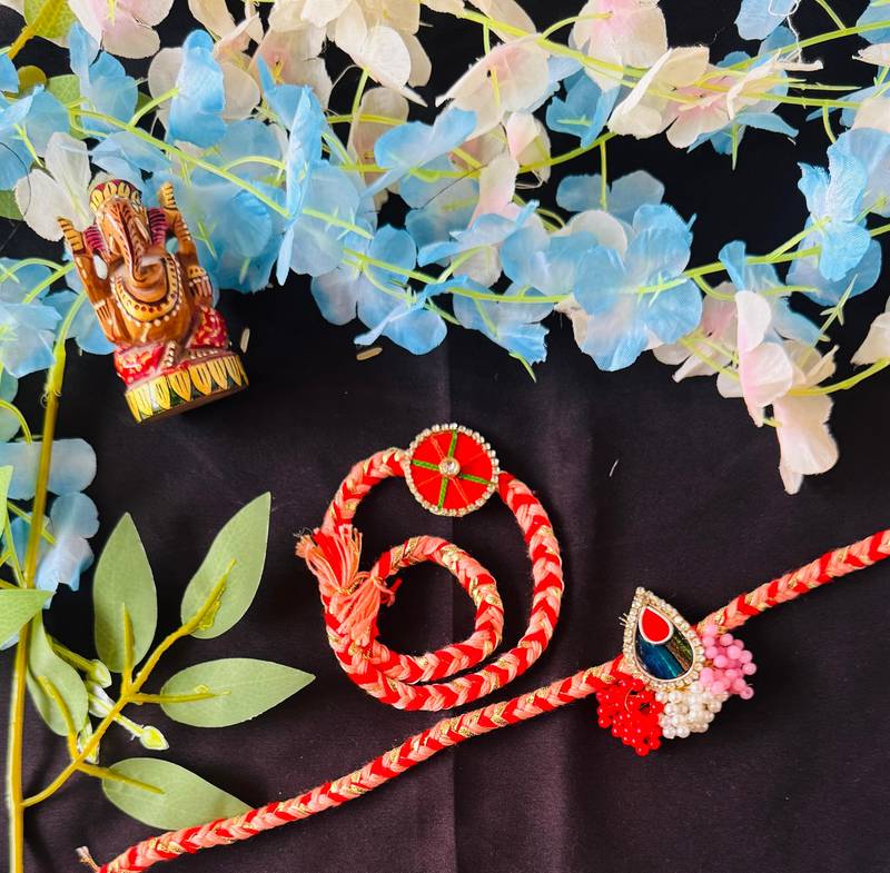 Elegant Bhaiya Bhabhi Rakhi Set with Beads & Kundan Work