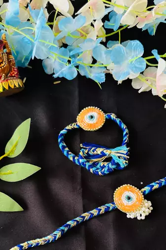 Vibrant Evil Eye-Inspired Bhaiya Bhabhi Rakhi Set with Beads & Braided Thread