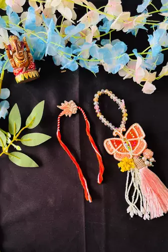 Elegant Butterfly Design Bhaiya Bhabhi Rakhi Set with Beads & Tassels