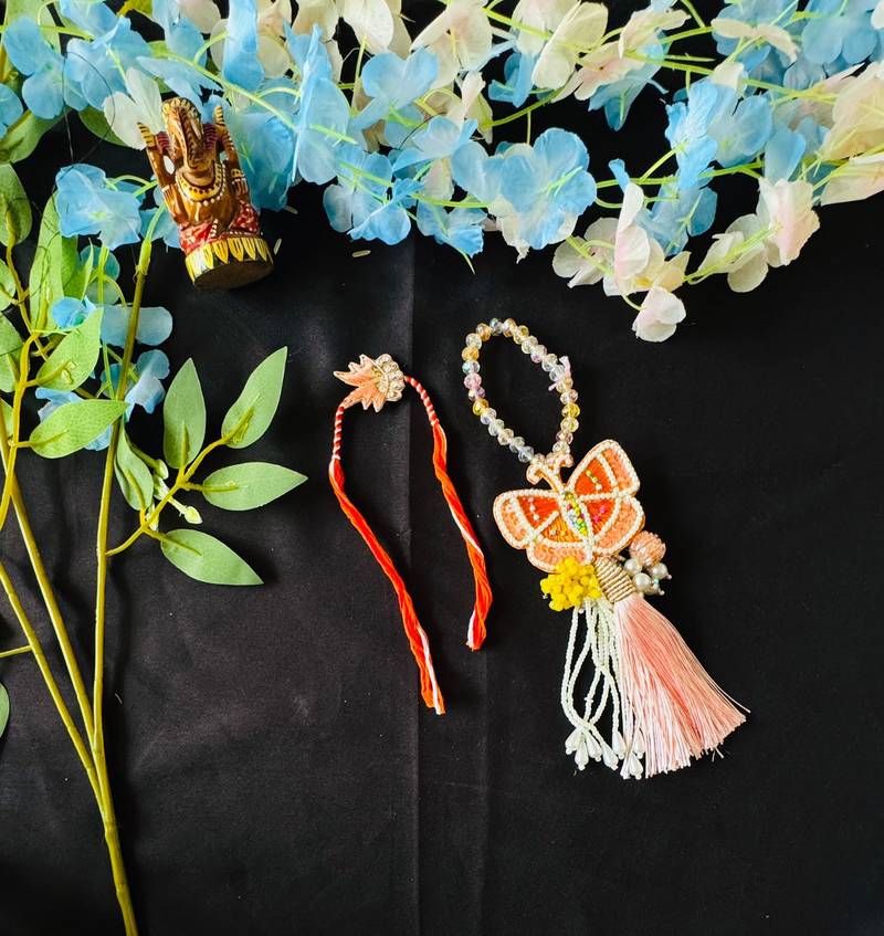 Elegant Butterfly Design Bhaiya Bhabhi Rakhi Set with Beads & Tassels