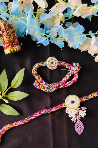 Vibrant Multicolor Thread Bhaiya Bhabhi Rakhi Set with Beads & Charm Accents