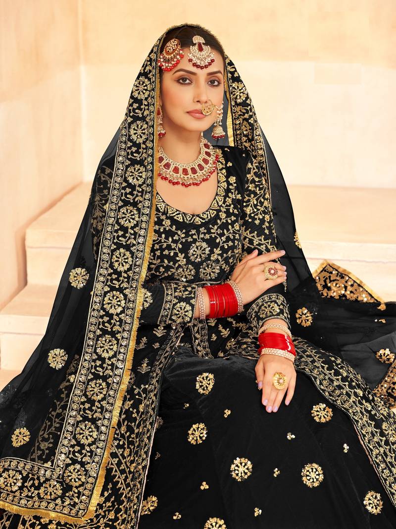 BALCK VELVET LONG TOP SALWAR SUIT WITH SKIRT