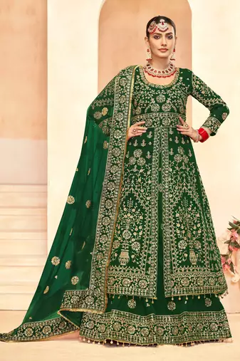 GREEN VELVET LONG TOP SALWAR SUIT WITH SKIRT