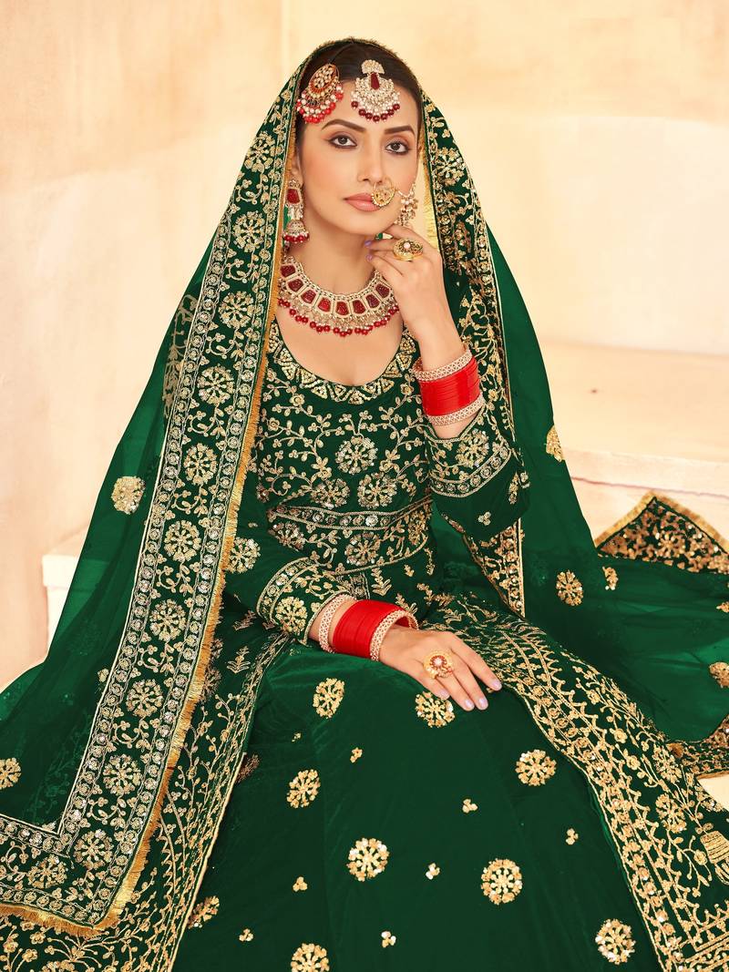 GREEN VELVET LONG TOP SALWAR SUIT WITH SKIRT