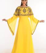 Yellow zari work stones & beads embellish georgette islamic style arabian maxi partywear kaftan