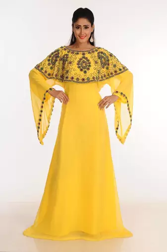 Yellow zari work stones & beads embellish georgette islamic style arabian maxi partywear kaftan