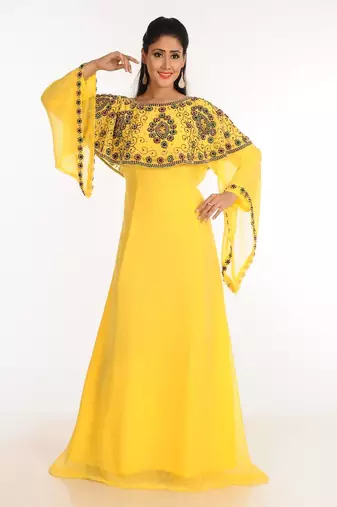 Yellow zari work stones & beads embellish georgette islamic style arabian maxi partywear kaftan