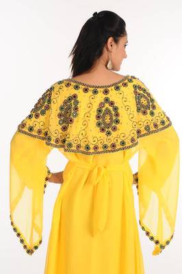 Yellow zari work stones & beads embellish georgette islamic style arabian maxi partywear kaftan 4