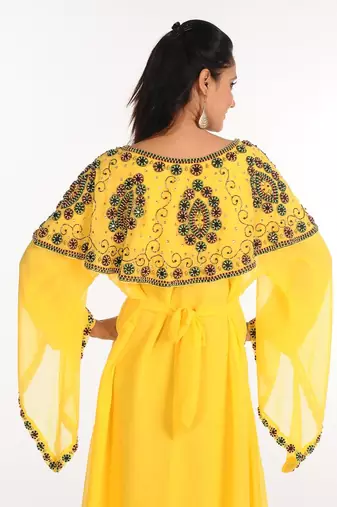 Yellow zari work stones & beads embellish georgette islamic style arabian maxi partywear kaftan