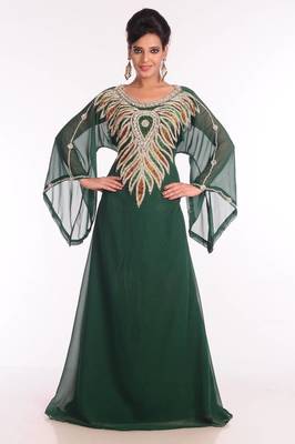 Bottle green embroidered georgette islamic kaftan 1