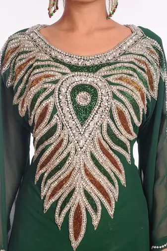 Bottle green embroidered georgette islamic kaftan