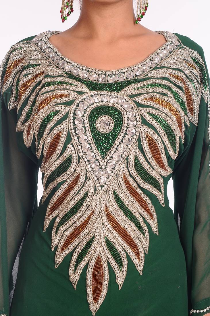 Bottle green embroidered georgette islamic kaftan
