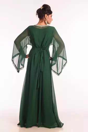 Bottle green embroidered georgette islamic kaftan