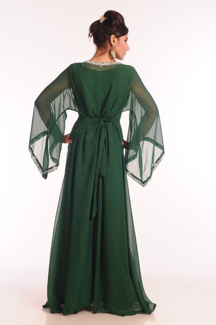Bottle green embroidered georgette islamic kaftan