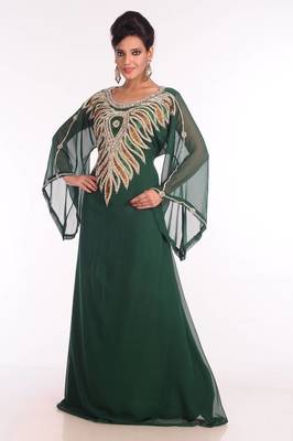 Bottle green embroidered georgette islamic kaftan 4