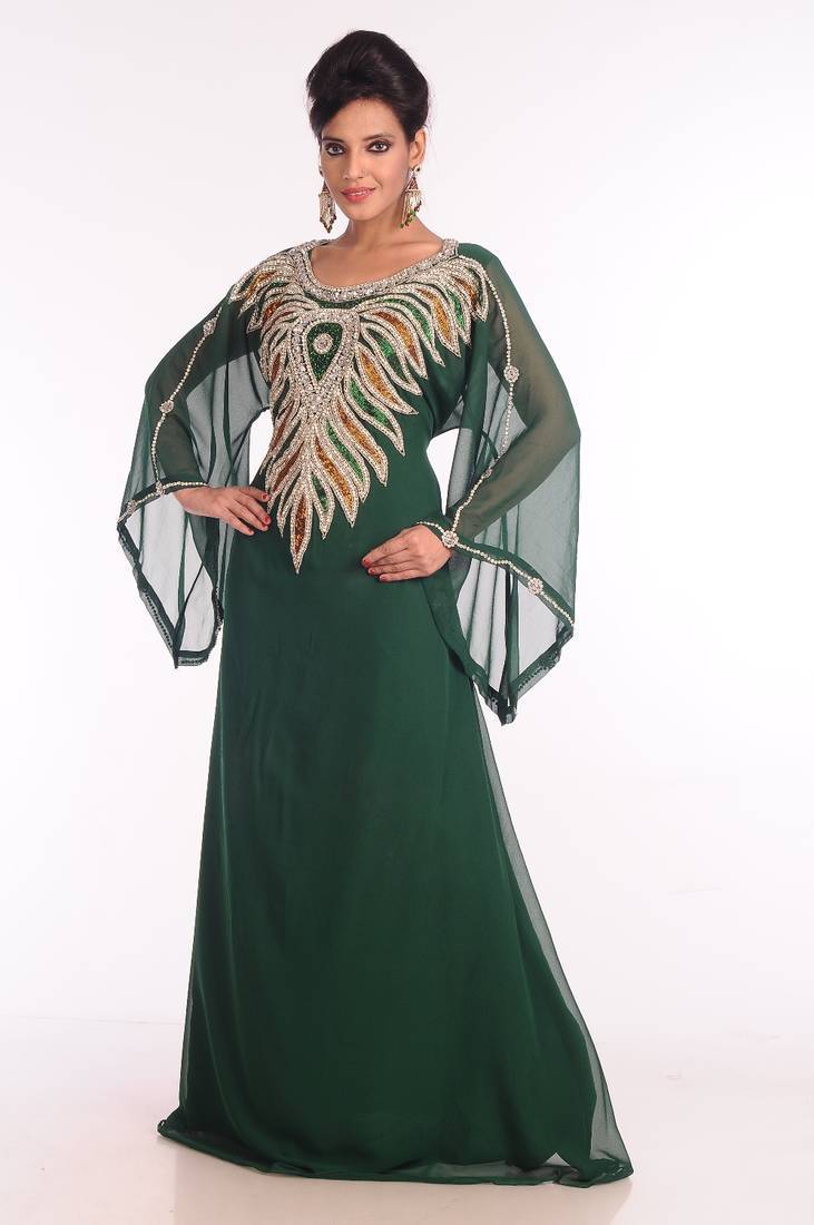 Bottle green embroidered georgette islamic kaftan