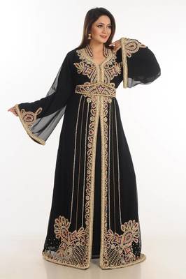 Black zari work georgette islamic style party wear stones and beads embedded arabian kaftan 1
