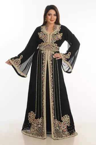 Black zari work georgette islamic style party wear stones and beads embedded arabian kaftan