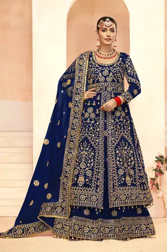 BLUE VELVET LONG TOP SALWAR SUIT WITH SKIRT