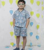 Blue cotton floral printed shirt and pant for boys