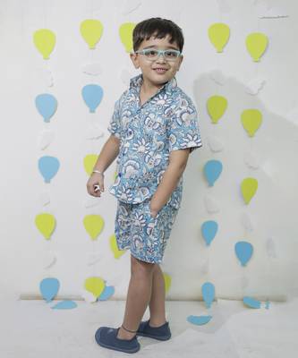 Blue cotton floral printed shirt and pant for boys 2