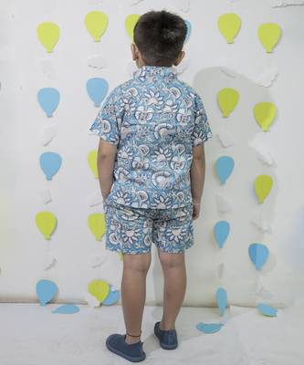 Blue cotton floral printed shirt and pant for boys 4