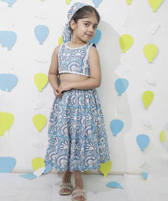 Blue cotton floral printed skirt and top for girls 1