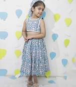 Blue cotton floral printed skirt and top for girls