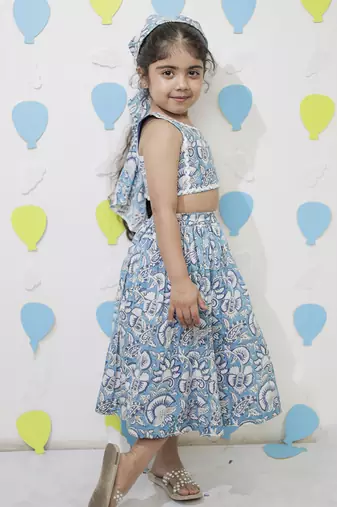 Blue cotton floral printed skirt and top for girls