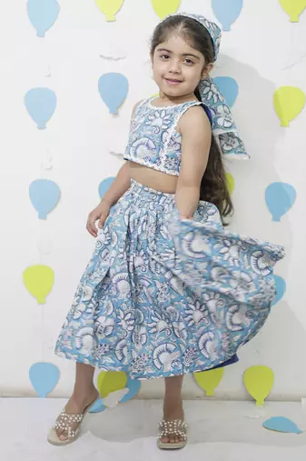 Blue cotton floral printed skirt and top for girls