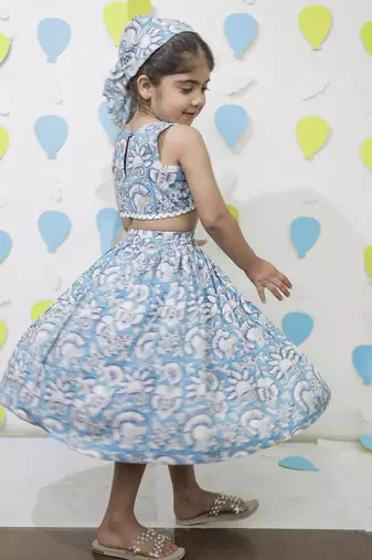 Blue cotton floral printed skirt and top for girls
