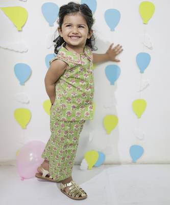 Green cotton floral printed shirt and pant for girls 4