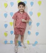 Red cotton floral printed shirt and pant for boys