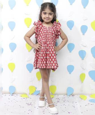 Red cotton floral printed dresses for girls 1