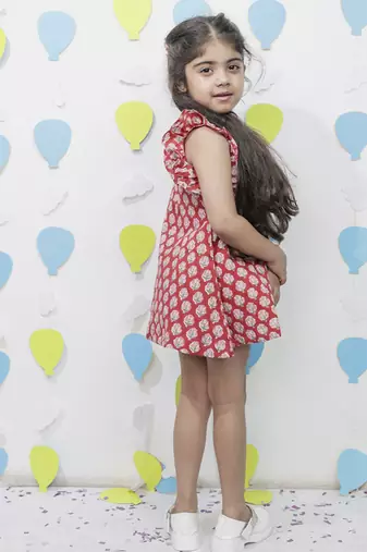 Red cotton floral printed dresses for girls