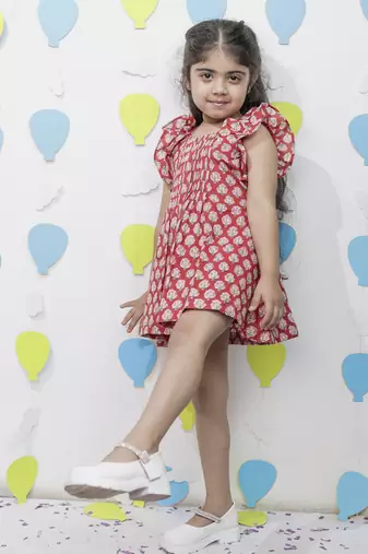 Red cotton floral printed dresses for girls