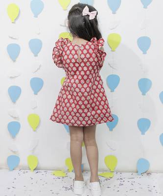 Red cotton floral printed dresses for girls 5