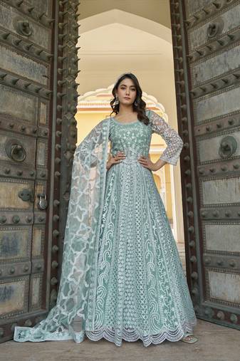 Sky blue NET LONG ANARKALI SALWAR SUIT GOWN
